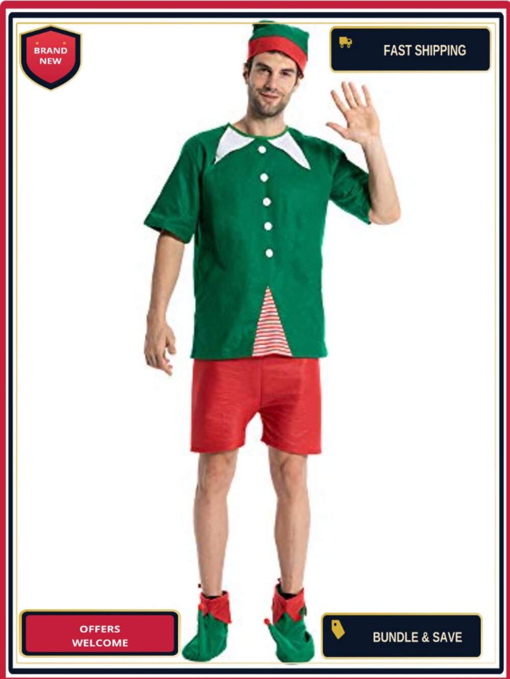 Christmas Elf Costume Set Hat Shirt Pants Shoes Holiday Fancy Dress